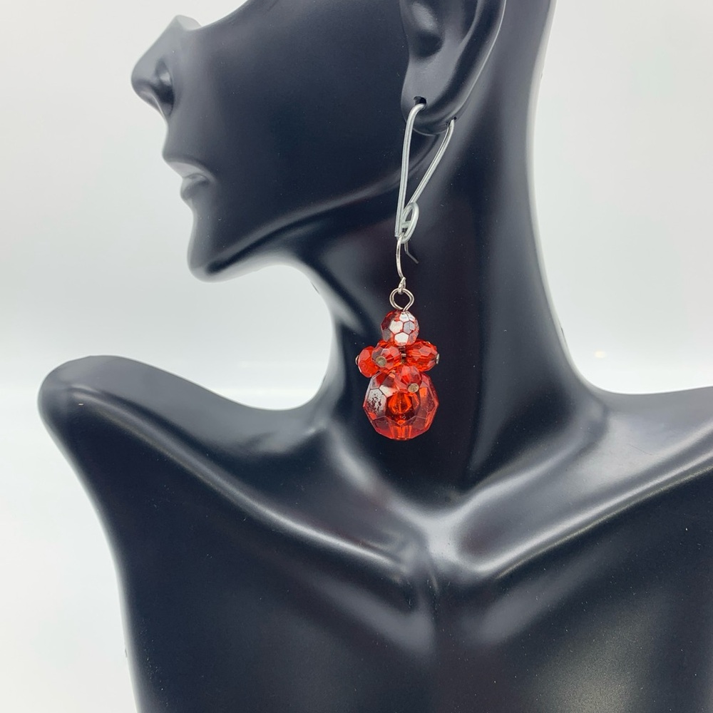 Vtg. Ruby Red Iridescent Faced Ball Cluster Beads Dangle Drop Pierced Earrings